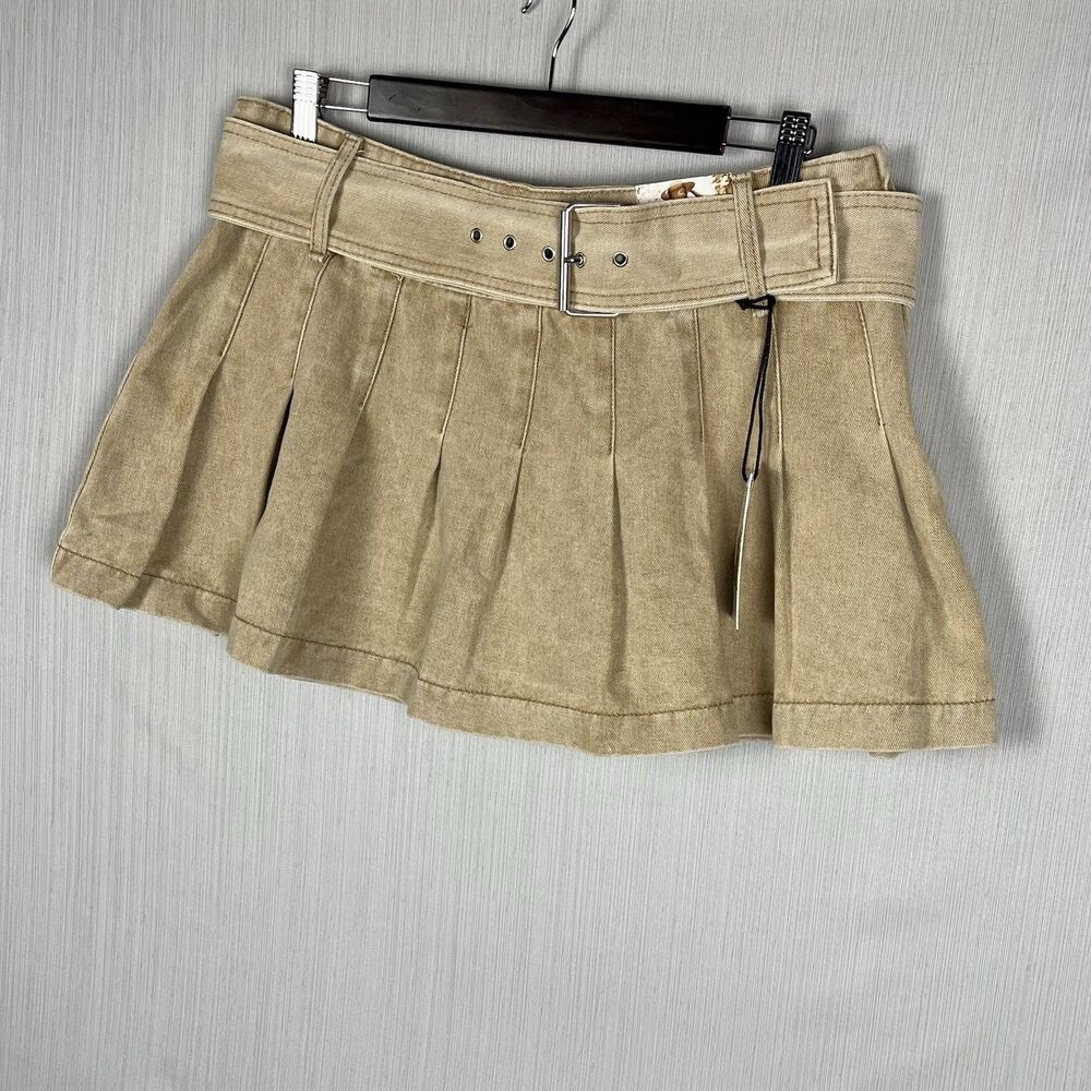 Sincerely‎ Jules Low Rise Pleated Mini Skirt XL Khaki Denim Preppy Coquette